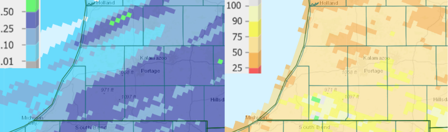 Precipitation totals for the past seven days (left) and percent of normal for the past 30 days (right) as of May 24.